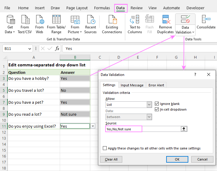 Creating a Drop Down in Excel